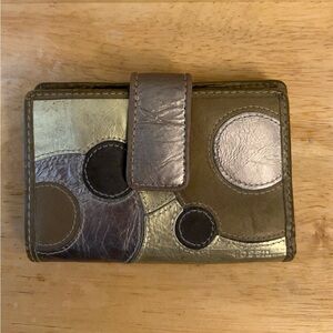 Fossil Logan Leather Tab Clutch Wallet unique multi-metallic patchwork design.